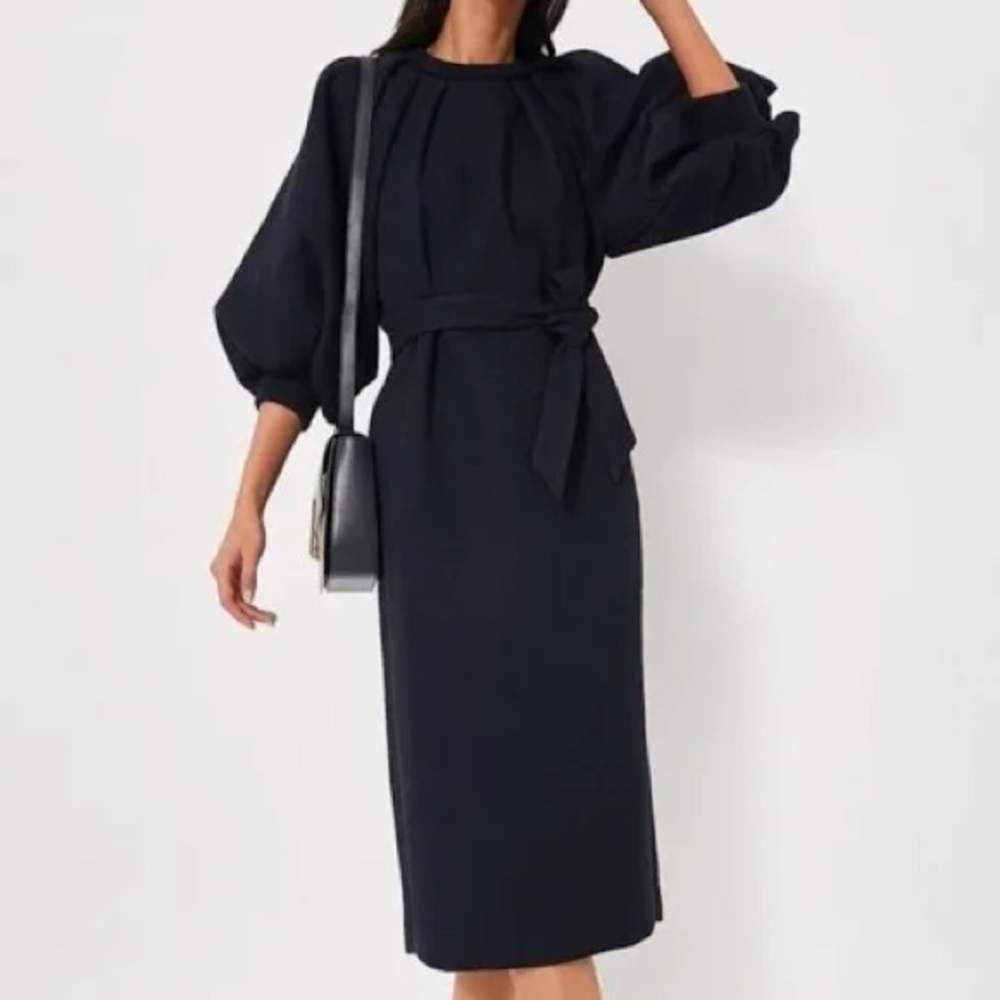 NWT Tuckernuck Elsa Navy Puff Sleeve Midi‎ Dress Belted $198 MSRP Size Small